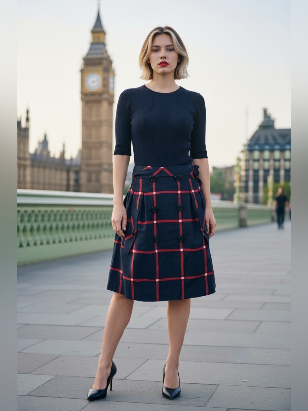 Burberry Navy Midi Dress with Red Windowpane Check
